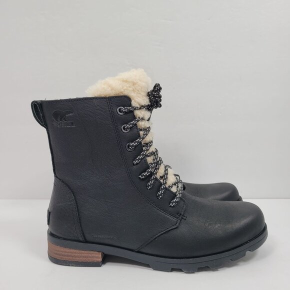 Sorel Emelie Women's Genuine Shearling Short Lace Cozy Black Boots US Size 7 NWB - Picture 3 of 12